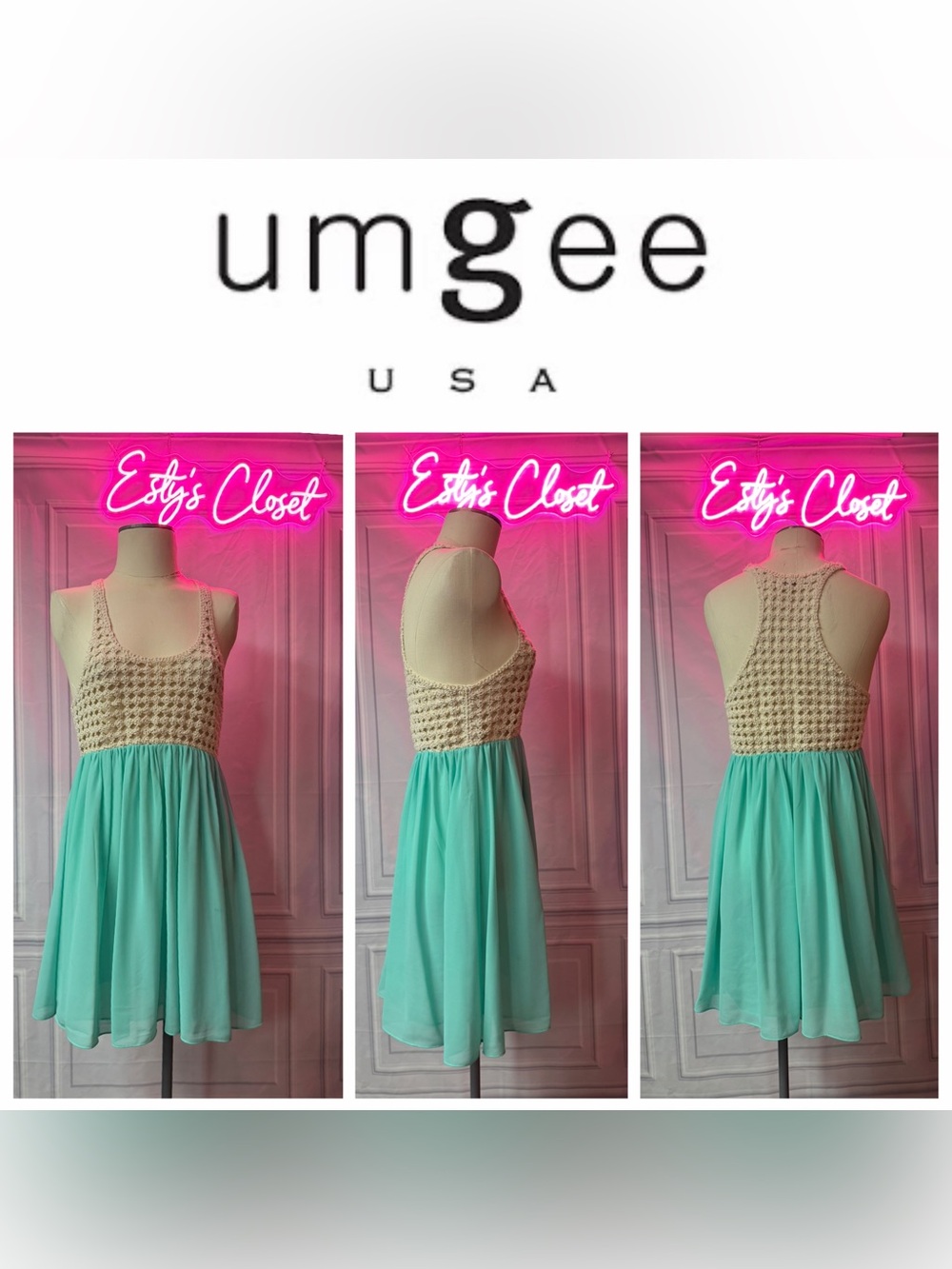 Umgee Cream Crochet Bodice Mint Green Flowing Dress